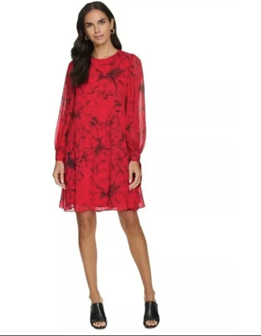 Calvin Klein Red Floral Sheer Sleeve Chiffon Shift Dress Size 4